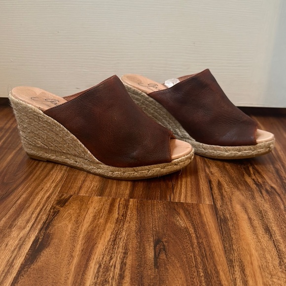 GAIMO size 9.5 US Gossa Brown Leather Slide Wedge Espadrille Sandal Slip-On Shoe - Picture 1 of 7